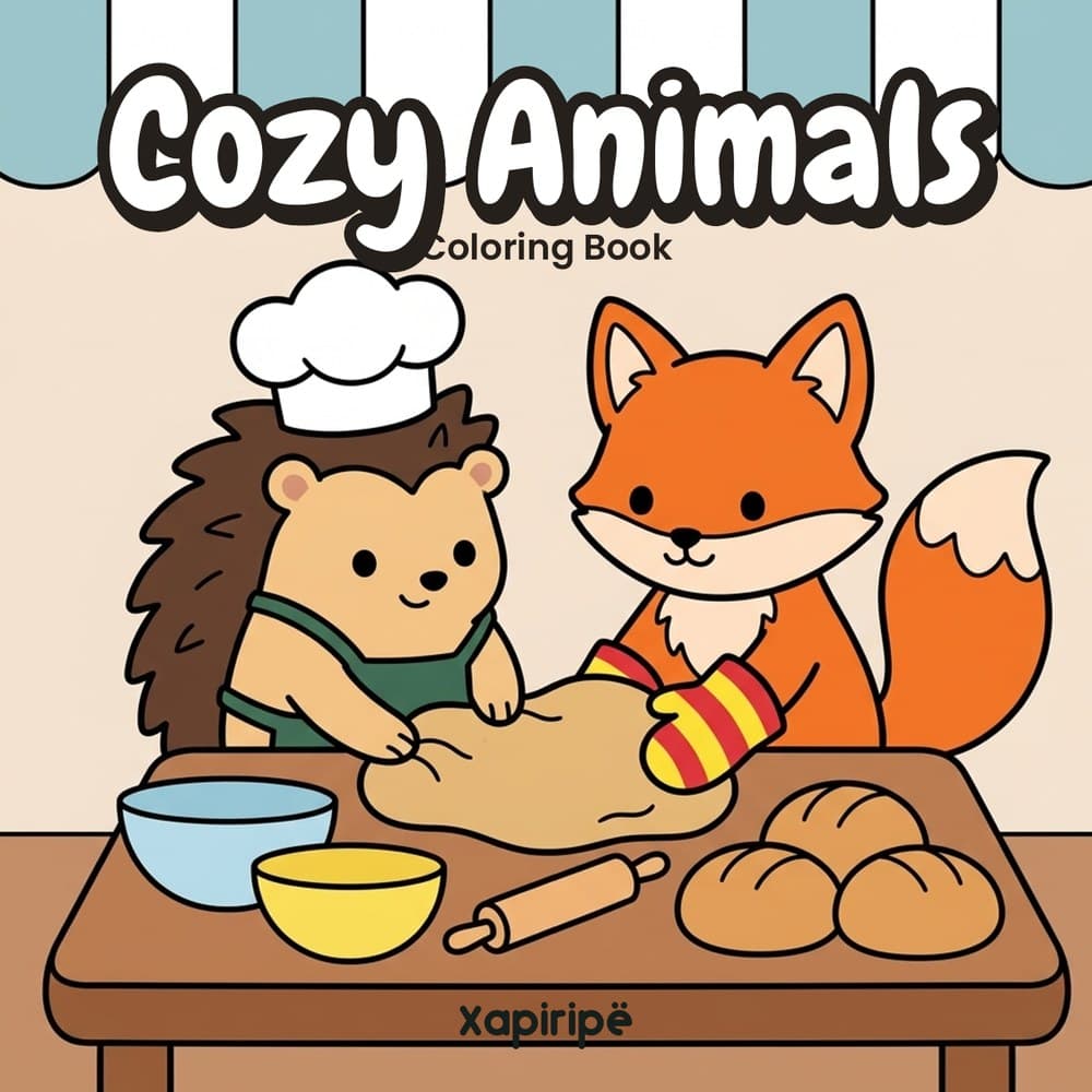 Cover of the Kapok book Cozy Animals: a hedgehog in a chef's hat and a fox kneading dough together.